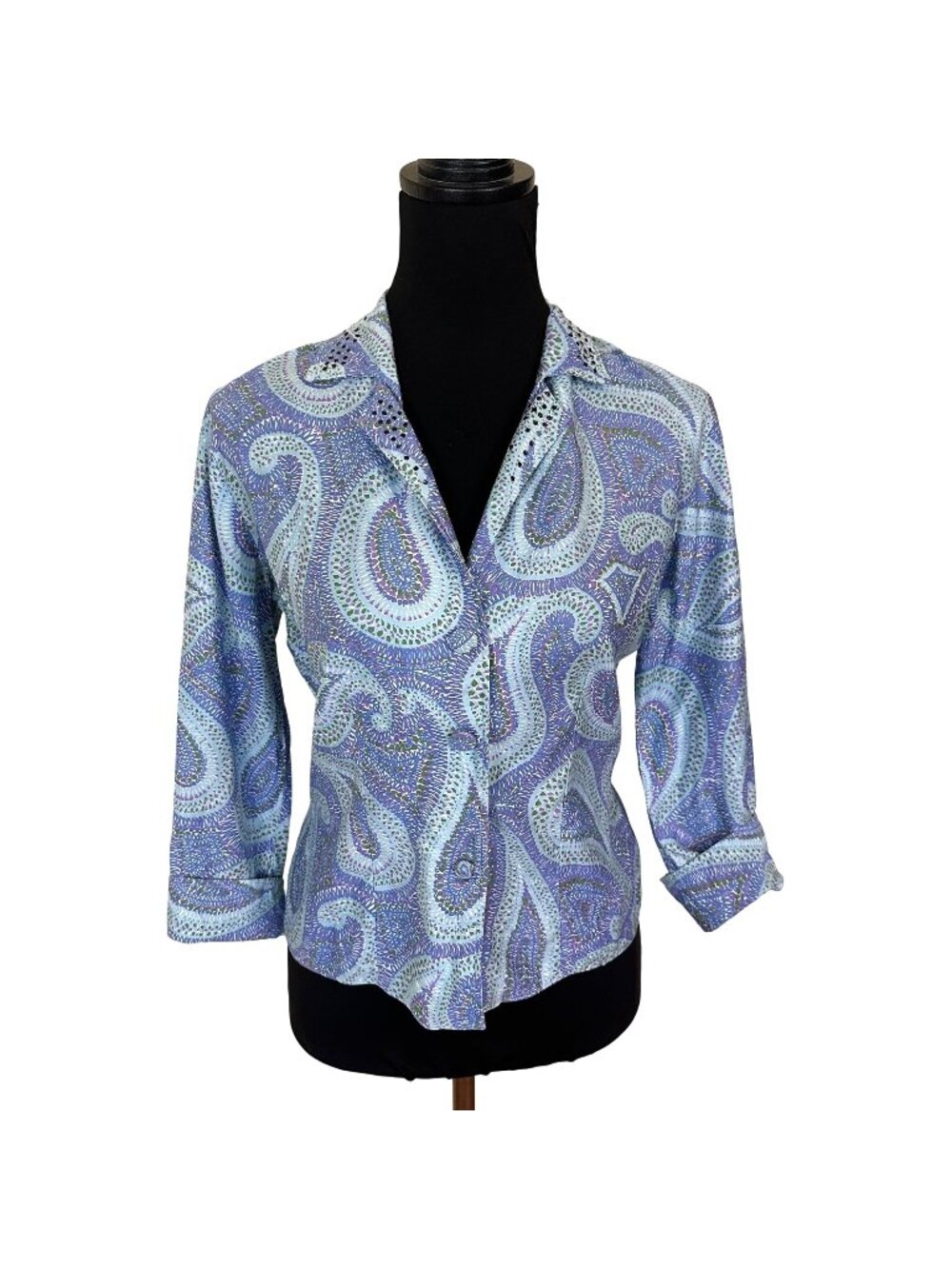 Vtg Womens MCM Blouse 1960s Blue Paisley Print Button Up Shirt Rhinestone